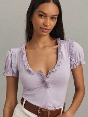 Maeve Anthropologie Lavender Top NWT Ruffle Trim Puff Sleeve Small
